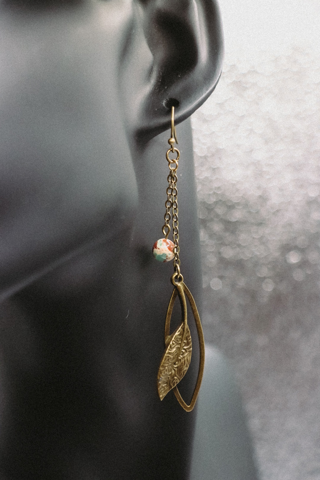 Brass Gemstone and Leaf Dangle Earrings