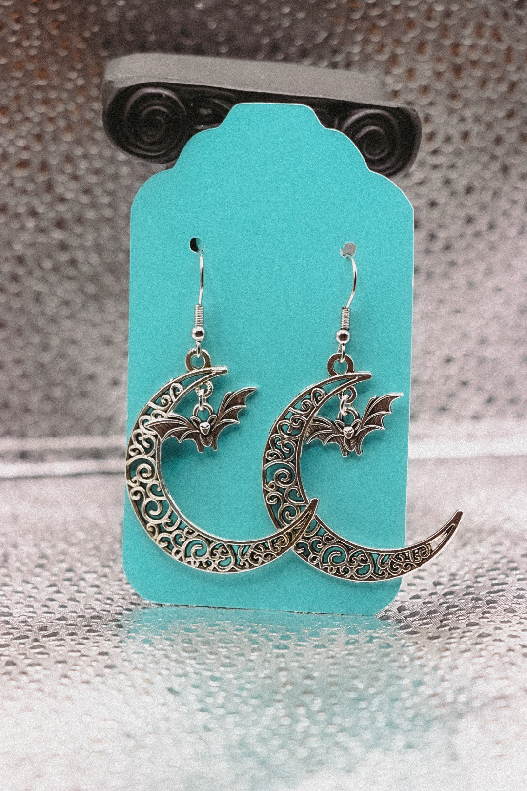 Silver Bat and Moon Earrings