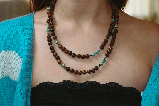 Double Long Dark Wood and Gemstone Necklace