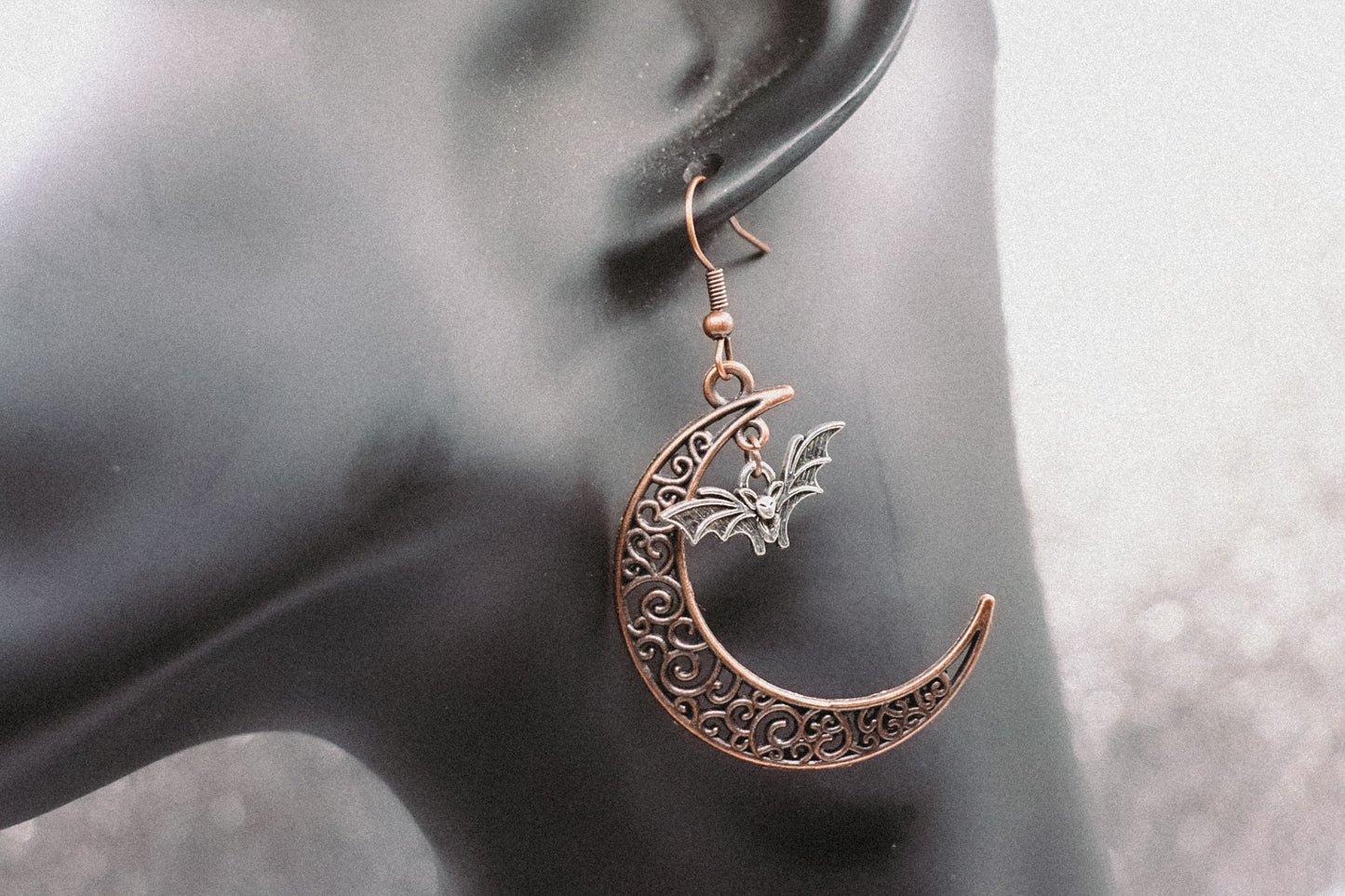 Two Tone Bat and Moon Earrings