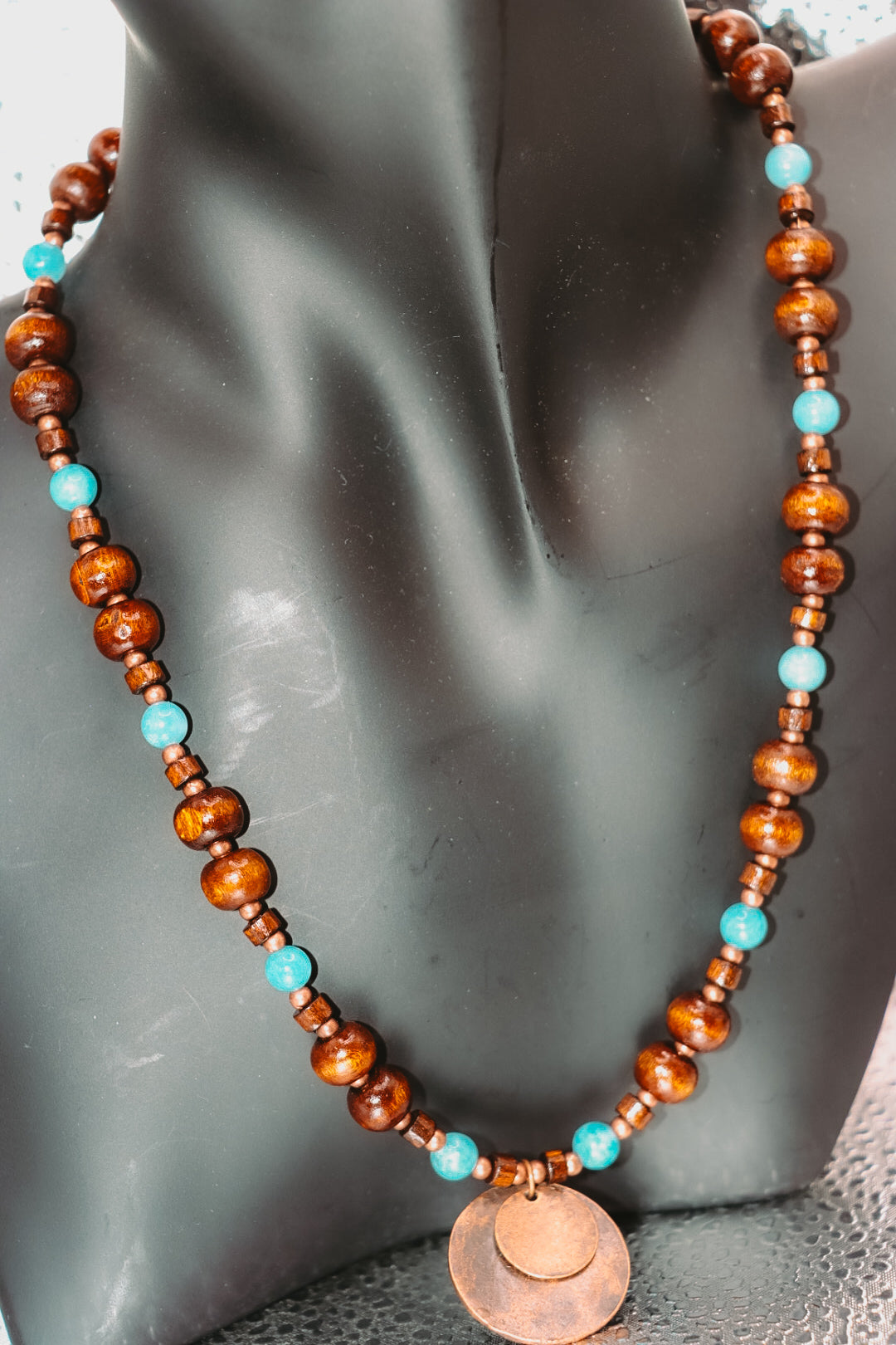 Wood and Gemstone Copper Disc Necklace