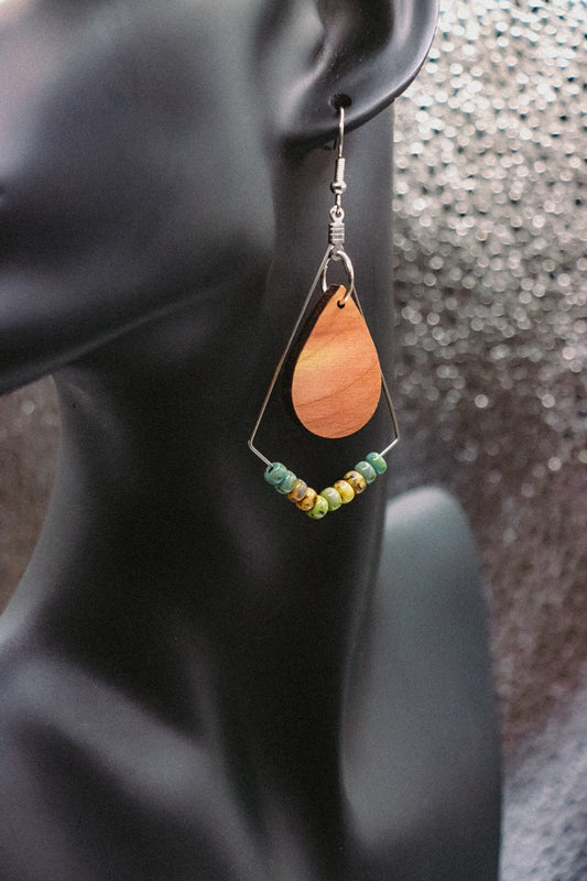 Geometric Wood and Glass Bead Earrings