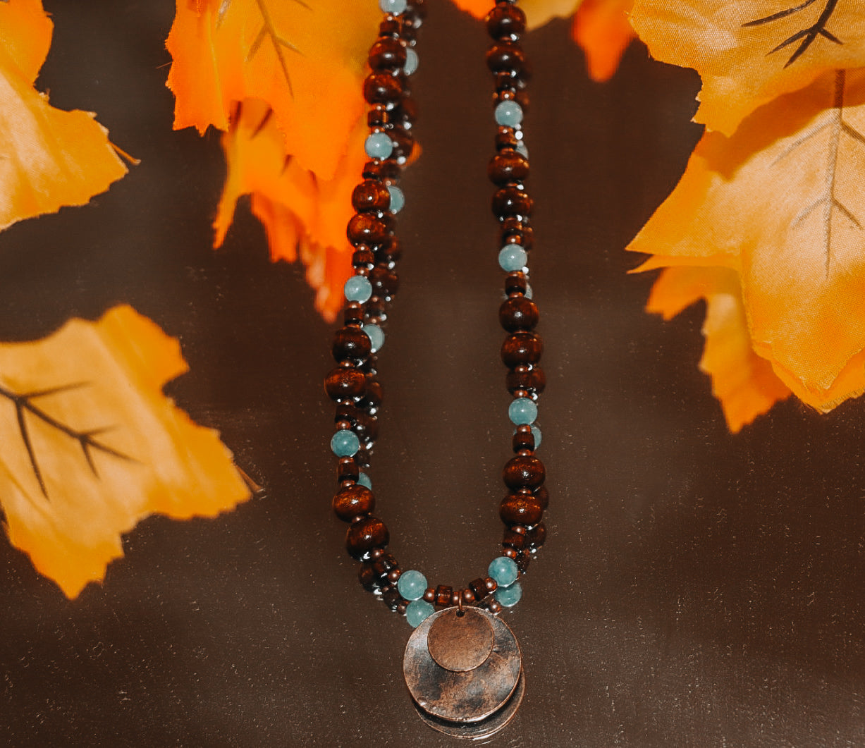 Wood and Gemstone Copper Disc Necklace